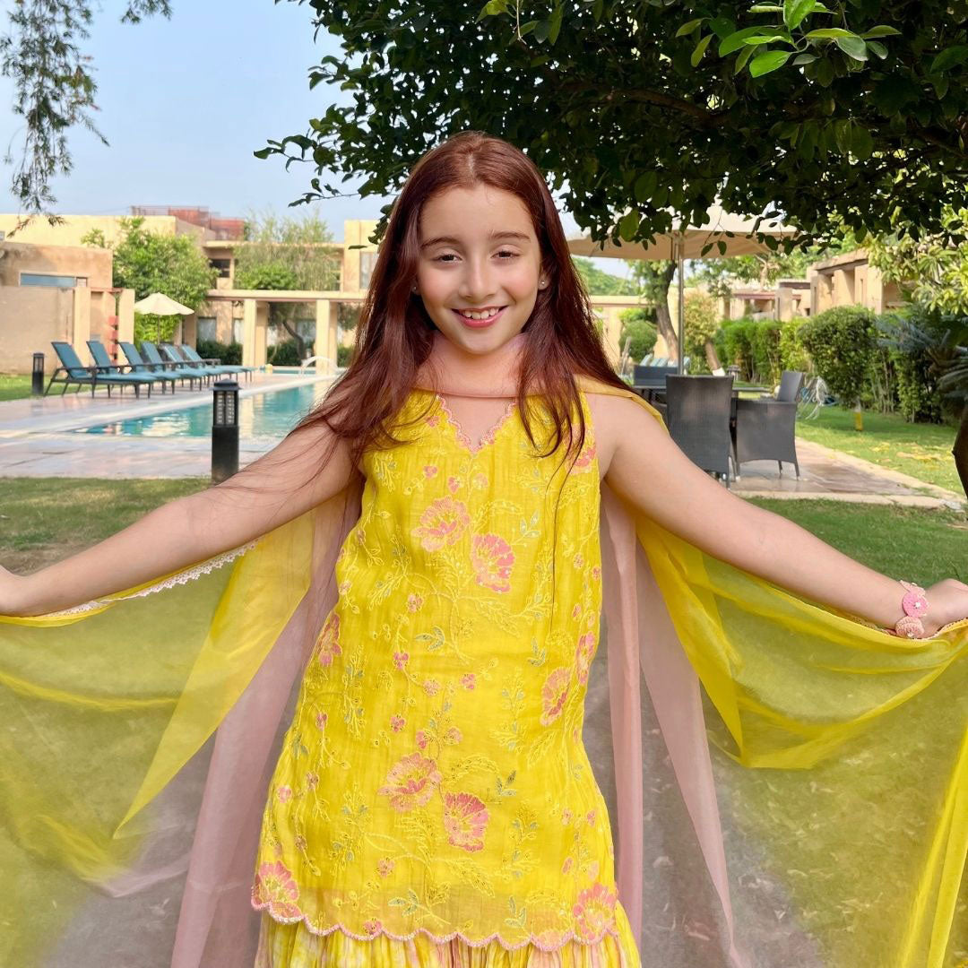 YELLOW &amp; PEACH EMBROIDERED KURTI WITH SHARARA FOR GIRLS