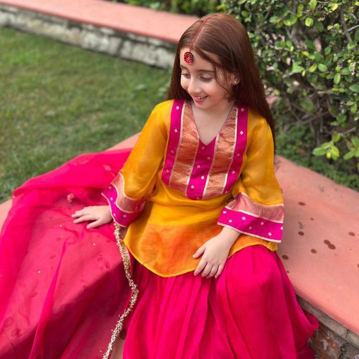 MUSTARD YELLOW KURTI WITH FUSCHIA PINK SHARARA SET FOR GIRLS