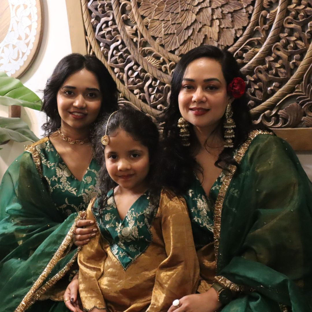 Pure Golden Tissue Kurta with Green Sharara Set for Girls