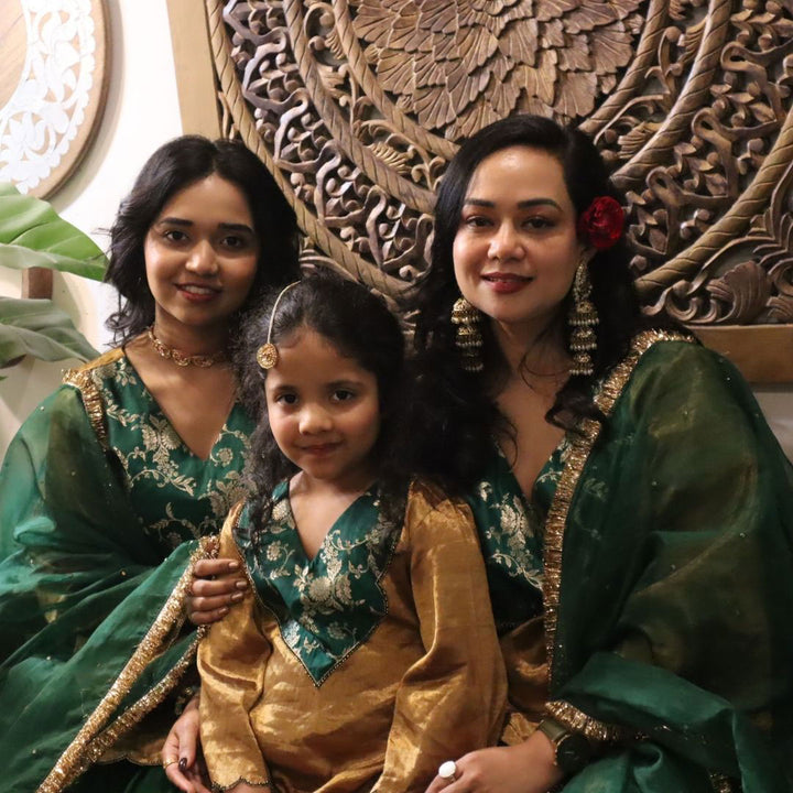 Pure Golden Tissue Kurta with Green Sharara Set for Girls
