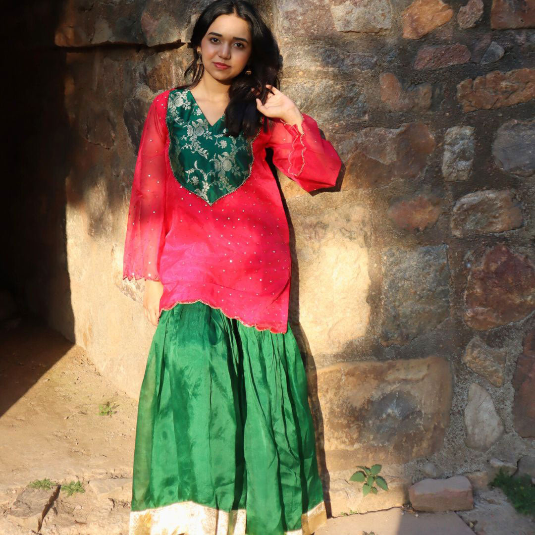 Pink Kurta with Patch &amp; Green Sharara Set for Girls