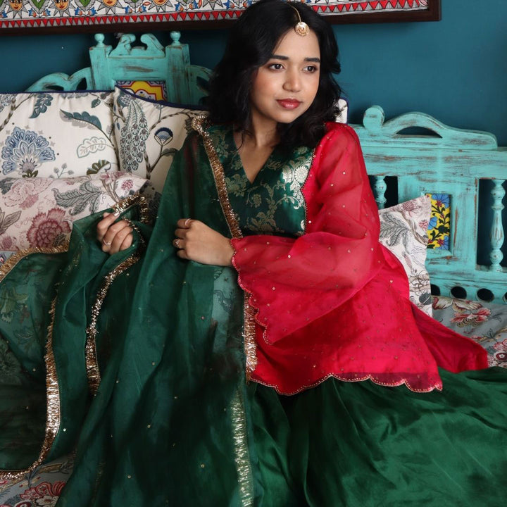 Pink Kurta with Patch &amp; Green Sharara Set for Girls