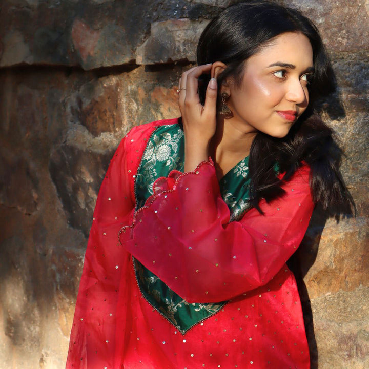 Pink Kurta with Patch &amp; Green Sharara Set for Girls