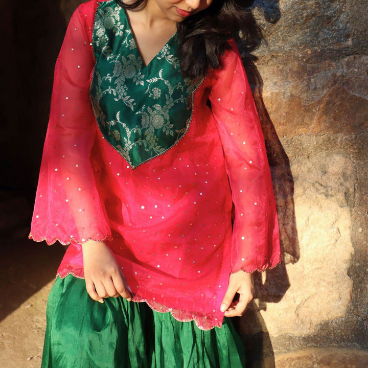 Pink Kurta with Patch &amp; Green Sharara Set for Girls