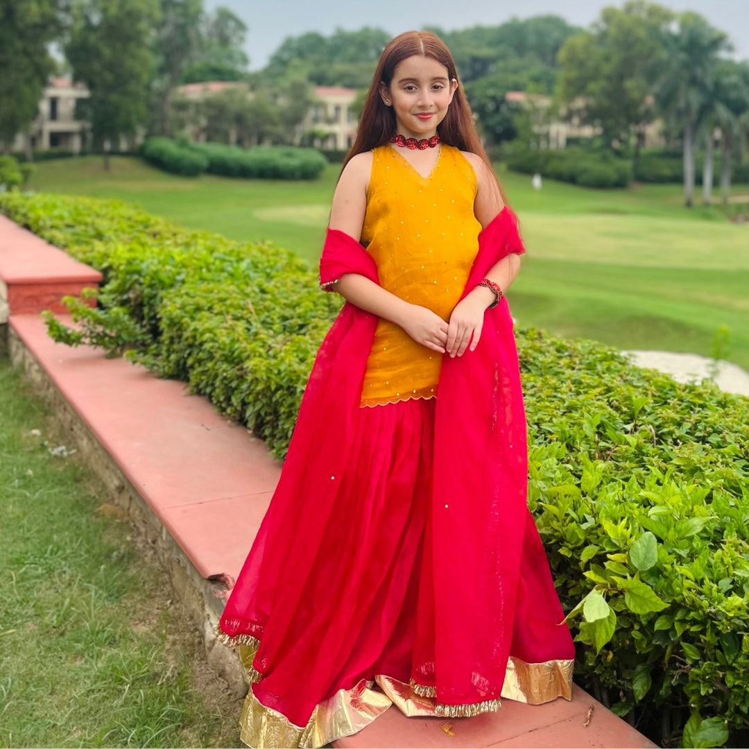 Mustard Yellow Kurti with Fuchsia Pink SHARARA FOR GIRLS