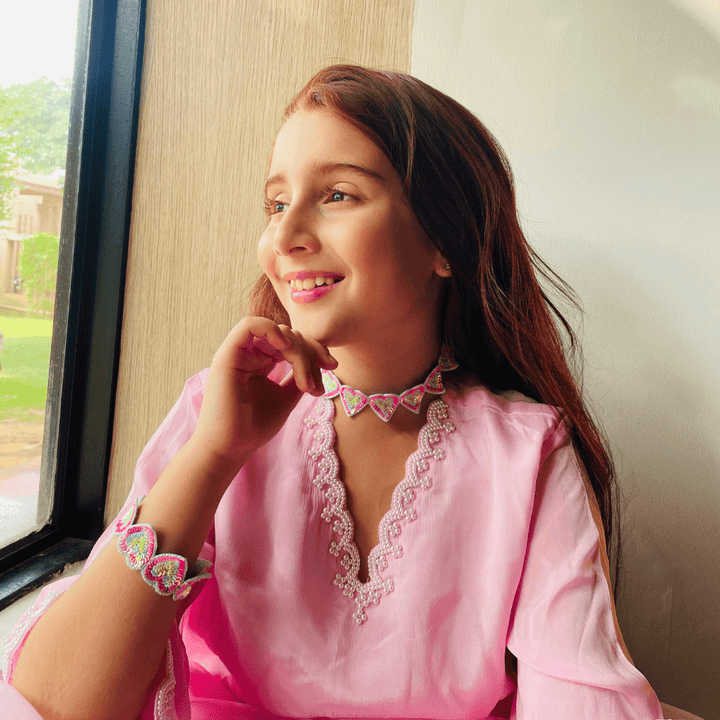 Heart-shaped colorful choker in Pune, elegant festive jewelry for girls’ ethnic wear like sharara and lehengas.
