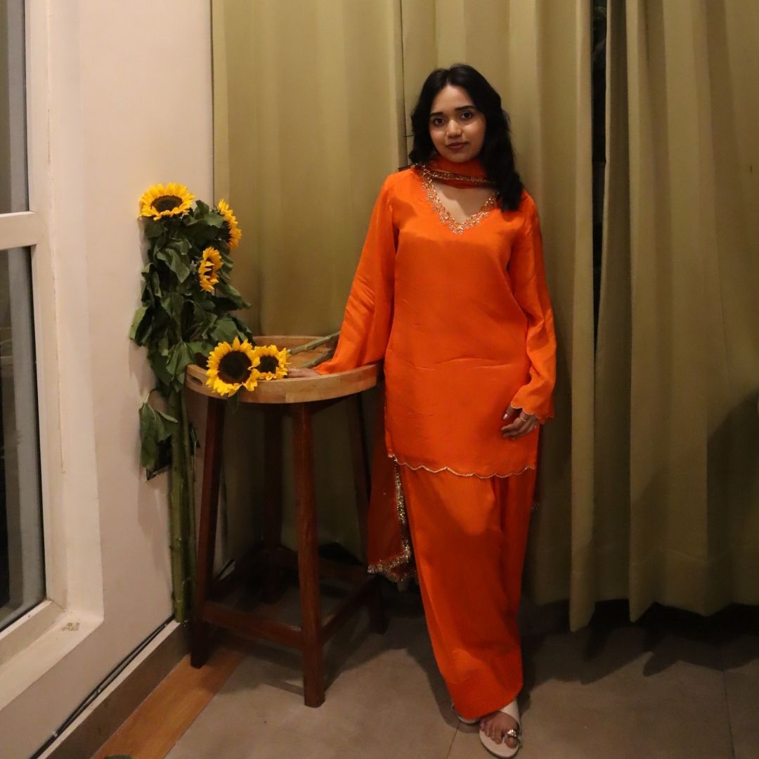 Wedding guest bright orange kurta with Farsi salwar for girls