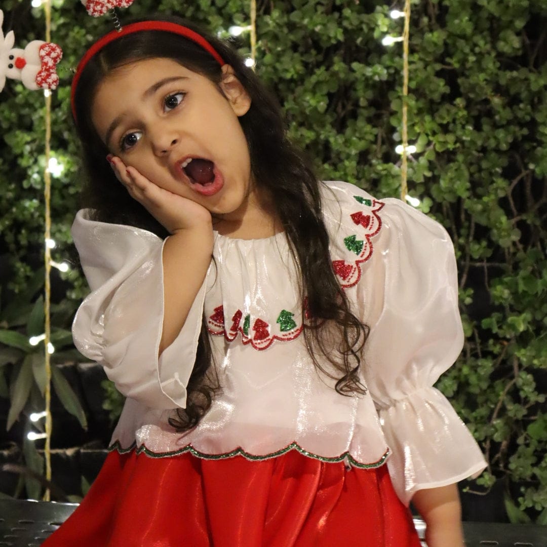 White hand-embroidered Christmas top for girls for posh global celebrations