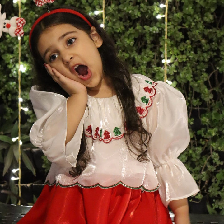 White hand-embroidered Christmas top for girls for posh global celebrations