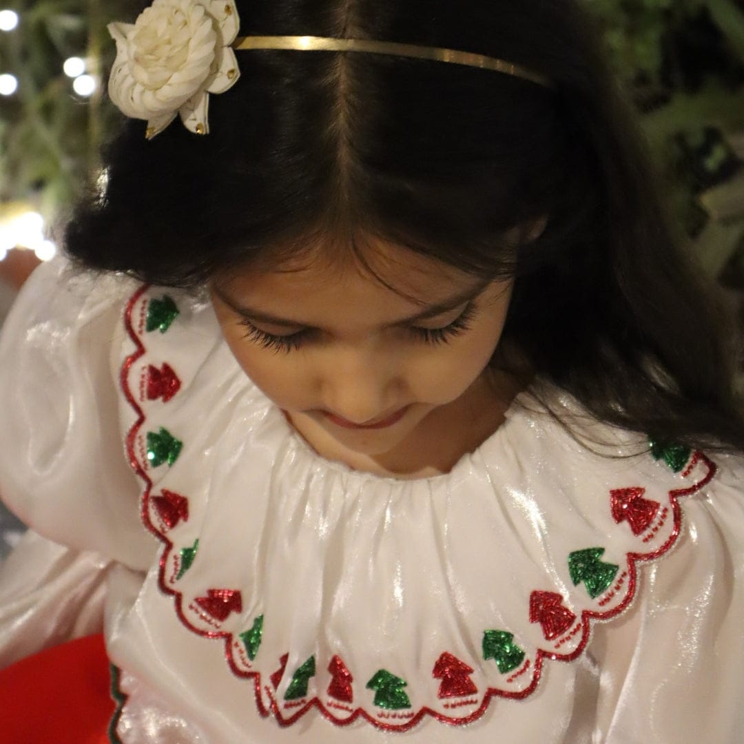 White hand-embroidered designer top for girls for Bangalore Christmas party