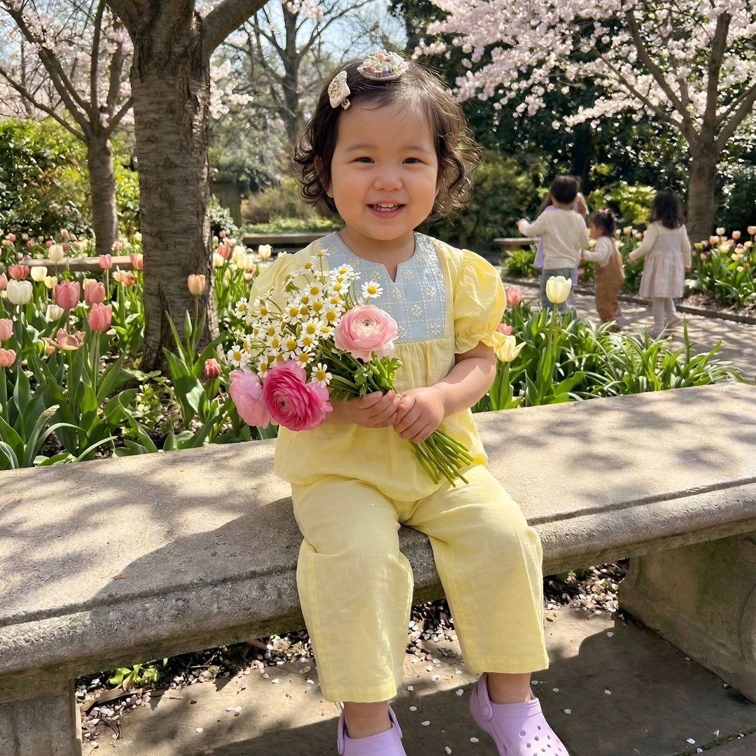Yellow summer co ord set for girls with floral embroidery detail