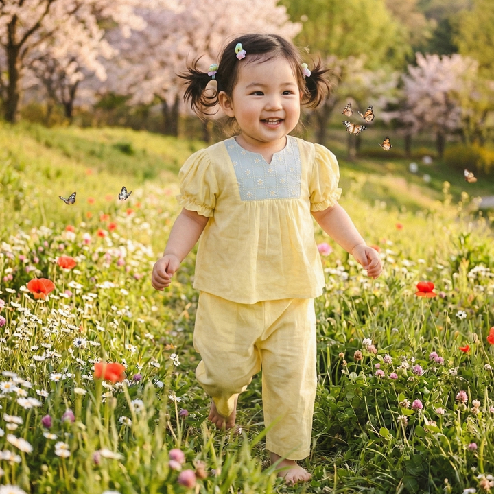 Girls yellow embroidered co ord set with floral design lightweight wear