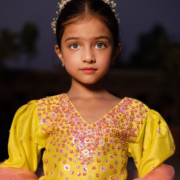 Yellow hand-embroidered floral suit salwar for girls for festive wear in Hyderabad