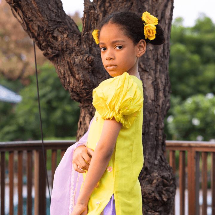 Yellow suit with lilac salwar for girls luxury ethnic kidswear Delhi Mumbai
