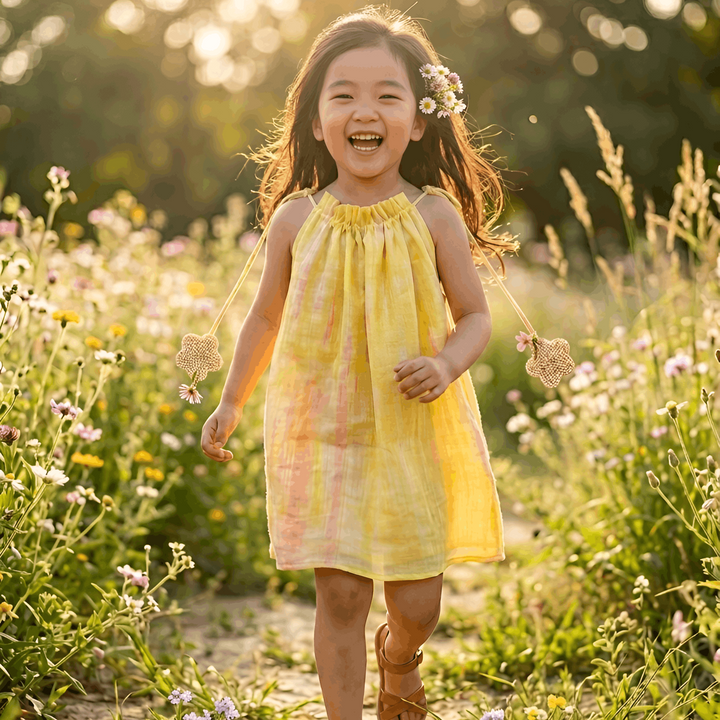 Girls yellow Chanderi tunic with tie-dye pattern casual wear India