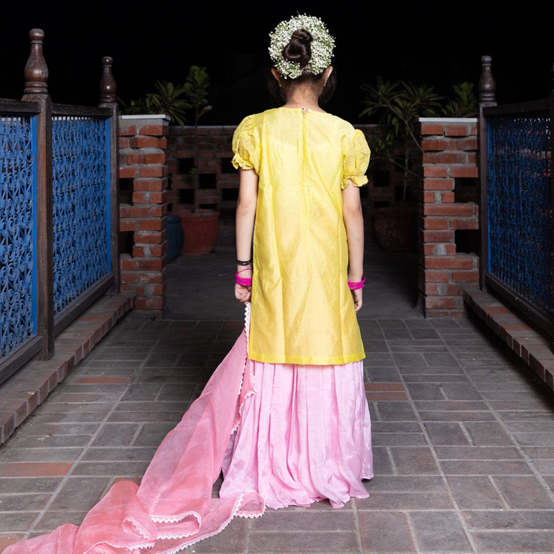 Yellow baby pink Chanderi sharara back view – premium festive kidswear ages 4-14 for family weddings, Hyderabad Banjara Hills