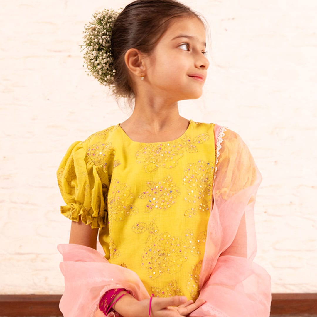 Bela English yellow baby pink sharara – Chanderi sequin rose embroidery ages 1-14 for Diwali weddings, Gurgaon DLF