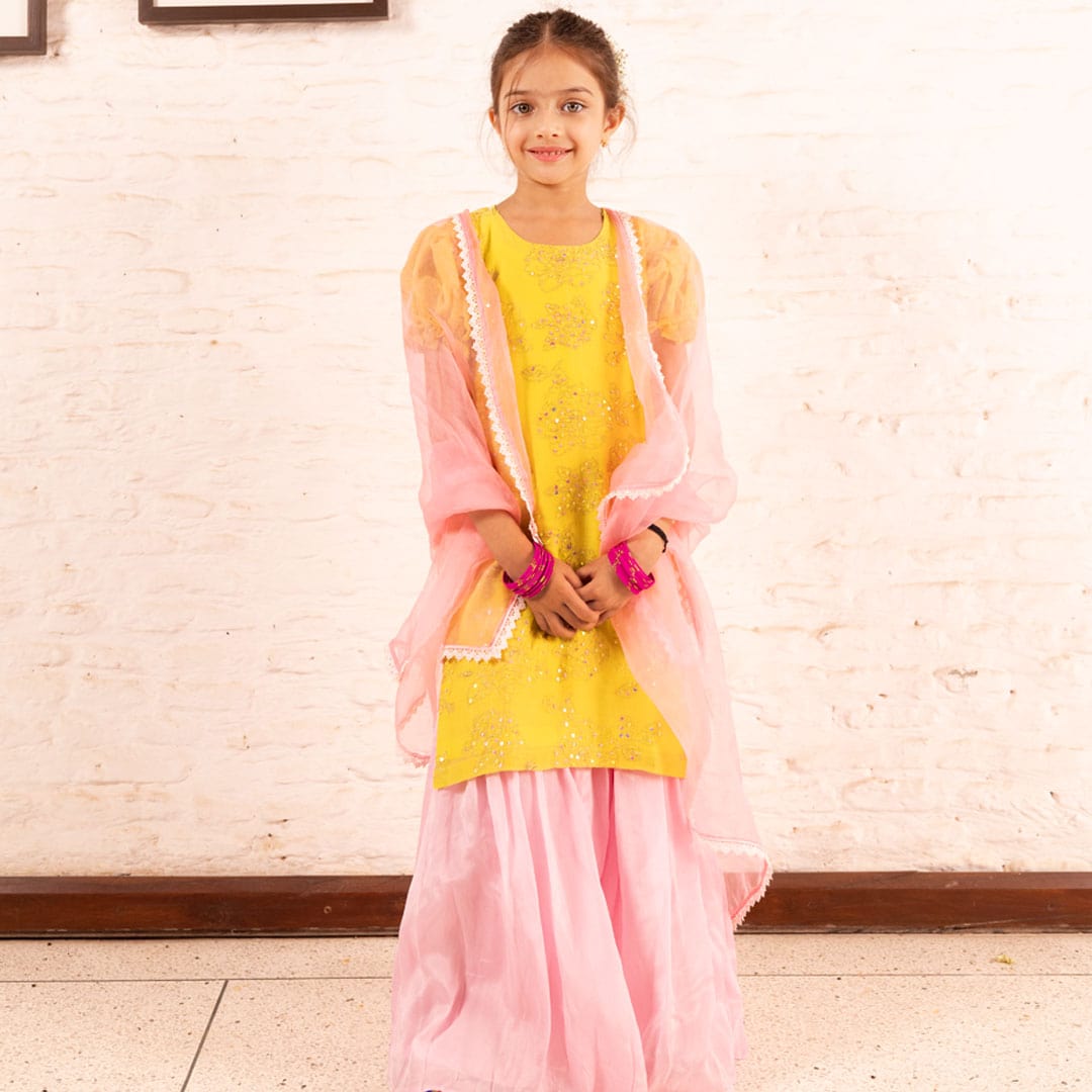 Yellow pink sharara rose embroidery close-up – luxury ethnic kidswear ages 2-12 for Navratri Eid, South Delhi Vasant Vihar