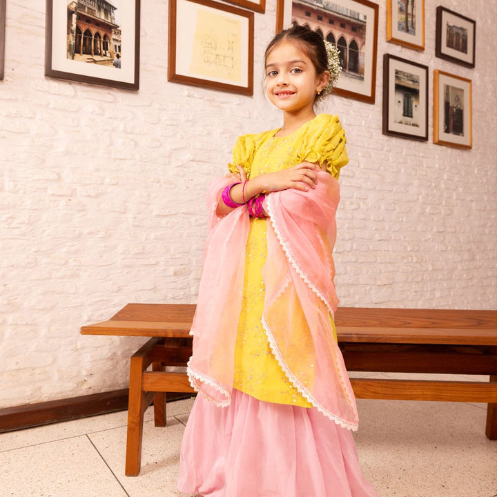 Klistel Bela yellow pink sharara side view – artisan ethnic kidswear ages 3-10 for sangeet mehendi, Mumbai Pali Hill