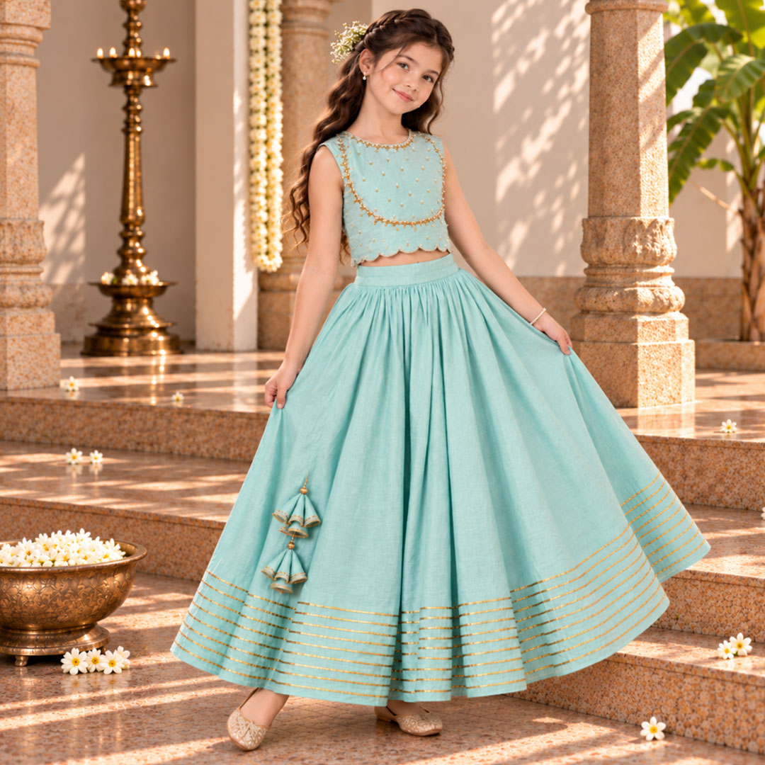 Powder Blue Girls Lehenga | Dabka Work