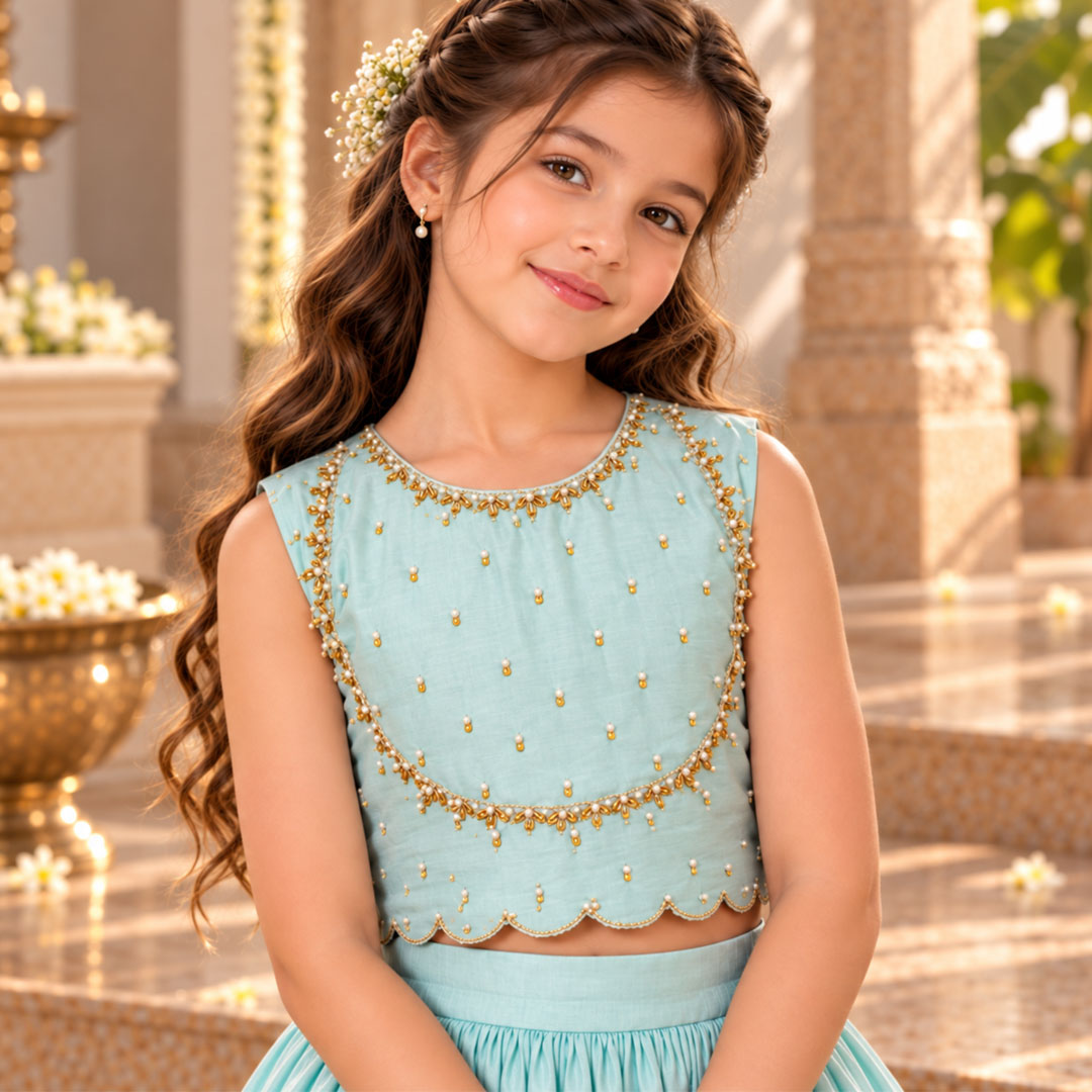 Powder Blue Girls Lehenga | Dabka Work