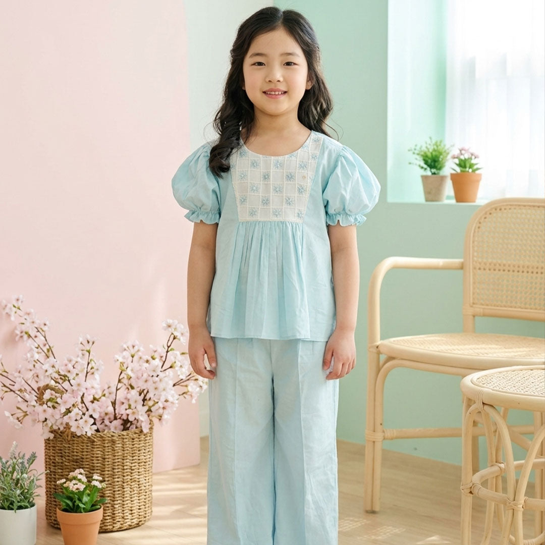 Luxury powder blue Chanderi co-ord set for girls in breathable summer fabric.