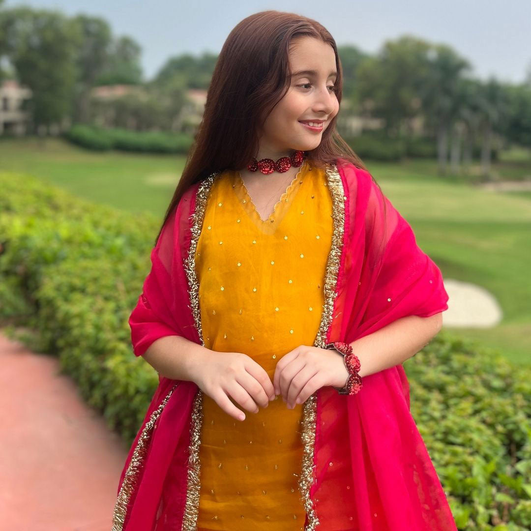 Klistel Firdoz mustard fuchsia sharara back view – designer kidswear ages 6-14 for Diwali Navratri, Bangalore Indiranagar