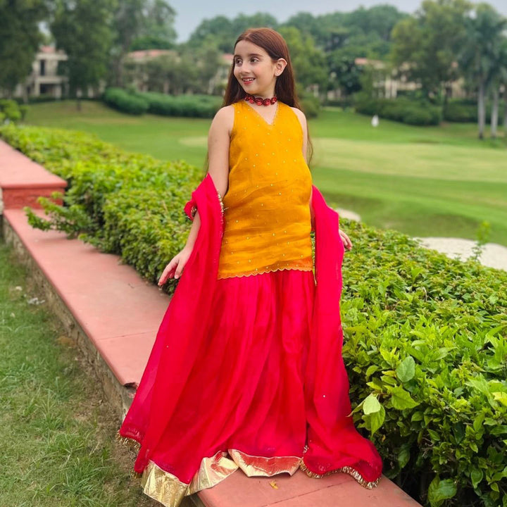 Mustard pink organza sharara dupatta close-up – luxury ethnic kidswear ages 1-14 for Eid Onam, Dubai UAE Singapore