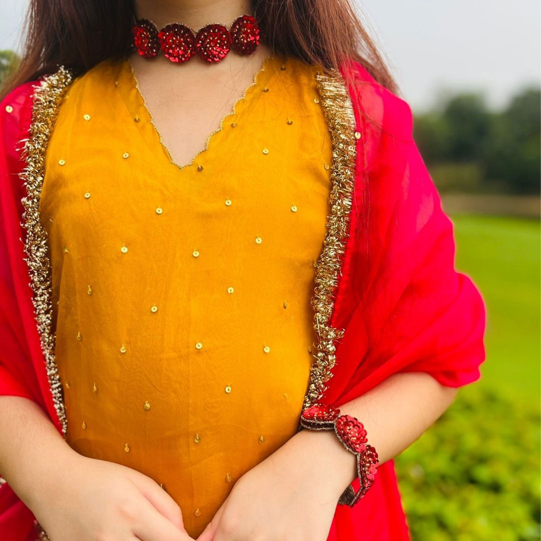 Mustard yellow fuchsia sharara movement detail – artisan ethnic kidswear ages 4-14 for Durga Puja, Hyderabad Banjara Hills