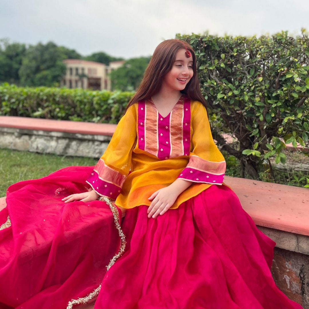 Mustard yellow fuchsia sharara movement detail – artisan ethnic kidswear ages 4-14 for Durga Puja, Hyderabad Jubilee Hills