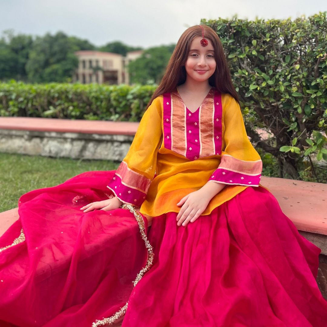 Mustard fuchsia pink sharara side full view – luxury ethnic kidswear ages 2-12 for Navratri weddings, Gurgaon DLF Magnolias