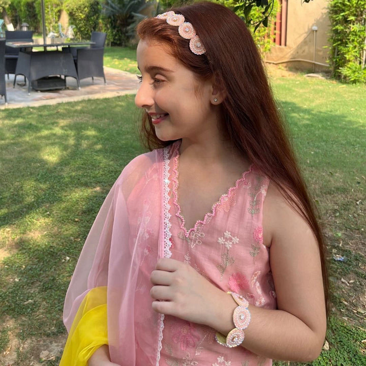 Peach yellow sharara dupatta close-up tassel detail – premium ethnic kidswear ages 3-14 for sangeet, Kolkata Alipore