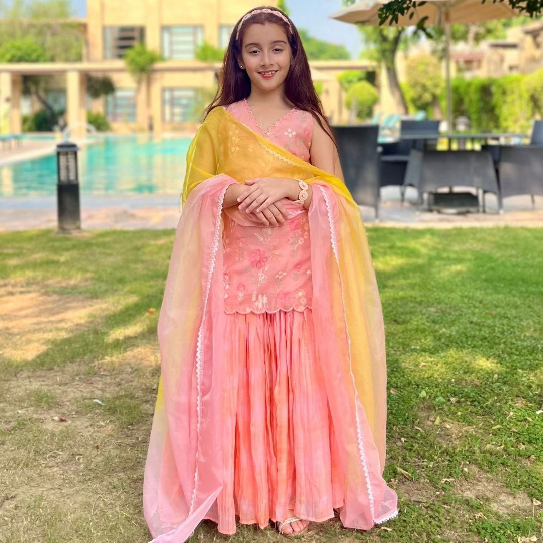 Klistel Gul Bahar peach sharara front view – festive ethnic kidswear ages 3-10 for Haldi sangeet, Mumbai Worli Sea Face