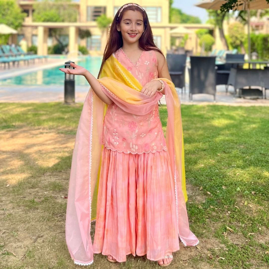Gul Bahar peach yellow embroidered sharara – tie-dye Chanderi Chanderi ages 1-14 for Diwali weddings, South Delhi Vasant Vihar