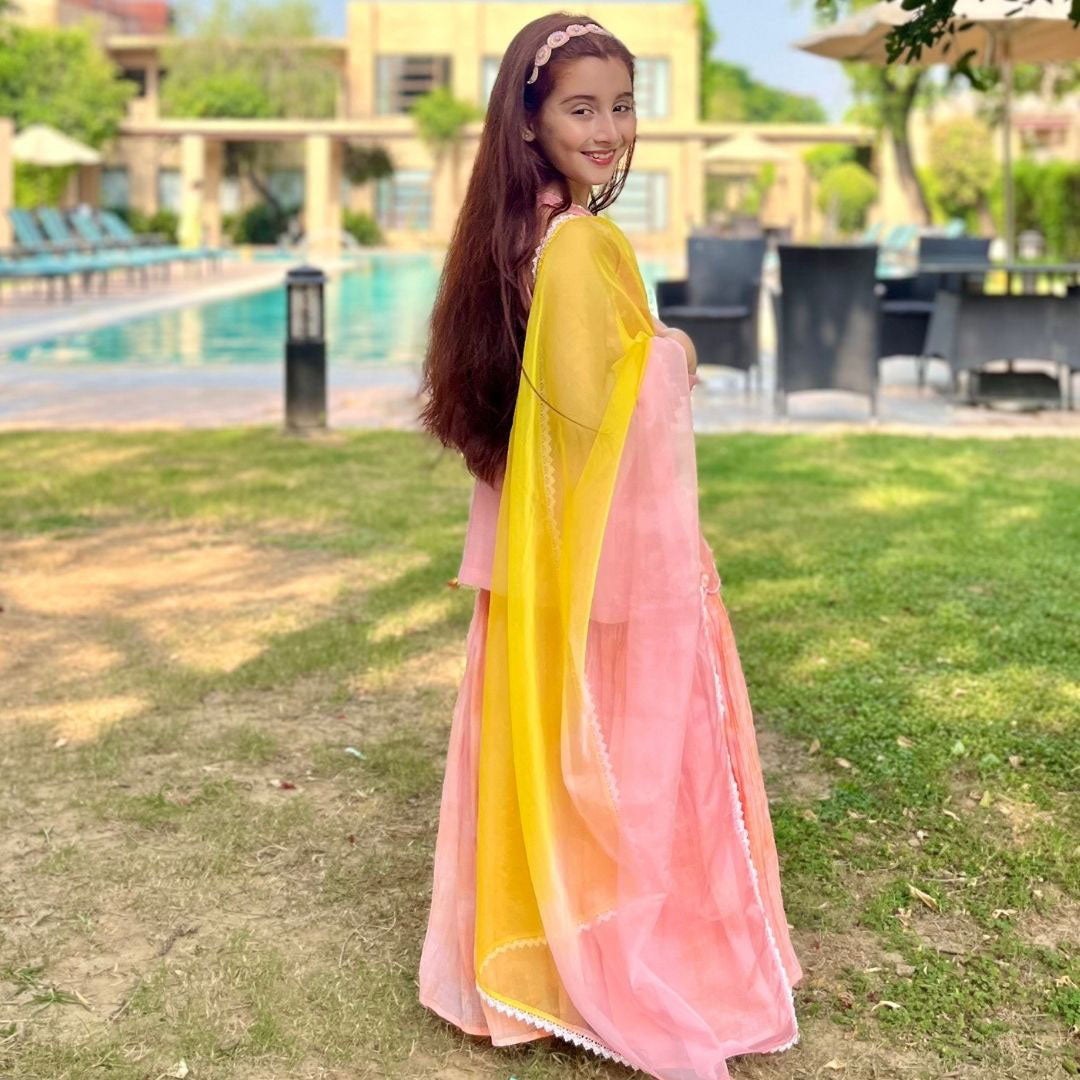 Gul Bahar peach sharara movement detail – premium ethnic kidswear ages 5-14 for family celebrations, Hyderabad Banjara Hills