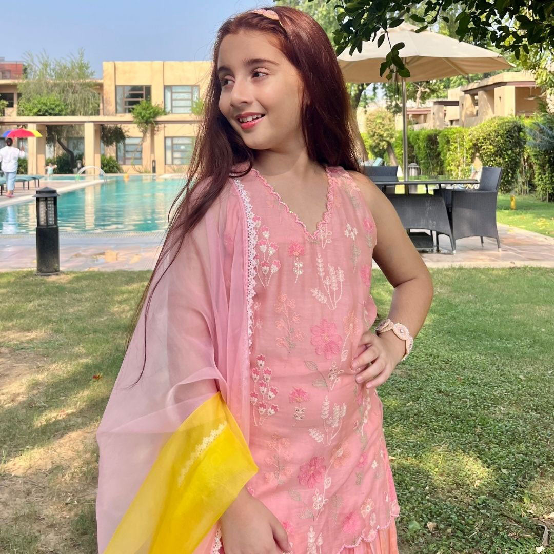 Peach embroidered Chanderi sharara gold tassel dupatta – luxury kidswear ages 2-12 for Navratri Eid, Gurgaon Golf Course Road