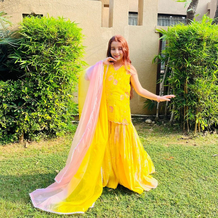 Yellow Chanderi sharara girls full front view – premium ethnic kidswear ages 3-14 for family celebrations, Kolkata Ballygunge