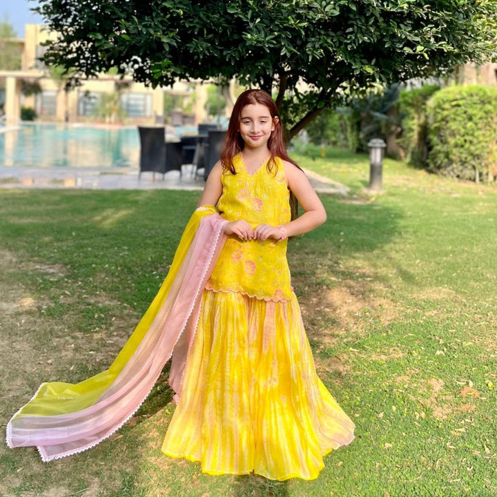 Yellow floral embroidery sharara golden tassel dupatta – luxury ethnic kidswear ages 2-12 for Navratri Garba, Gurgaon DLF