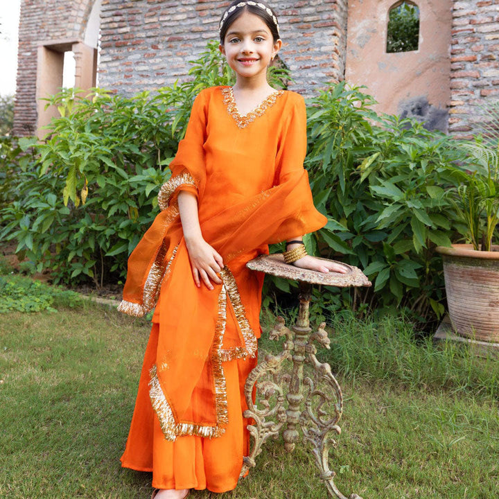 Orange Chanderi sharara back view golden lace – designer ethnic kidswear ages 6-14 for weddings, Bangalore Koramangala