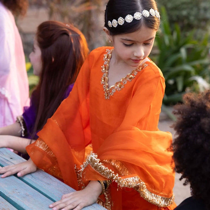 Klistel Marigold orange sharara front full view – festive kidswear ages 3-10 for Navratri Garba, Ahmedabad Prahlad Nagar