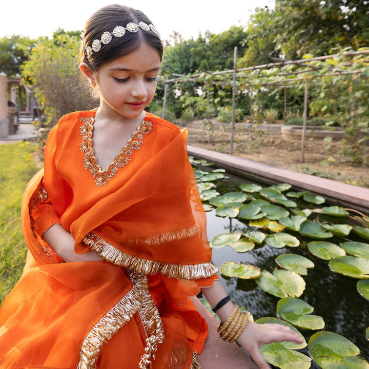 Marigold bright orange Chanderi sharara – golden zari border ages 1-14 for Diwali Navratri, Gurgaon DLF Magnolias