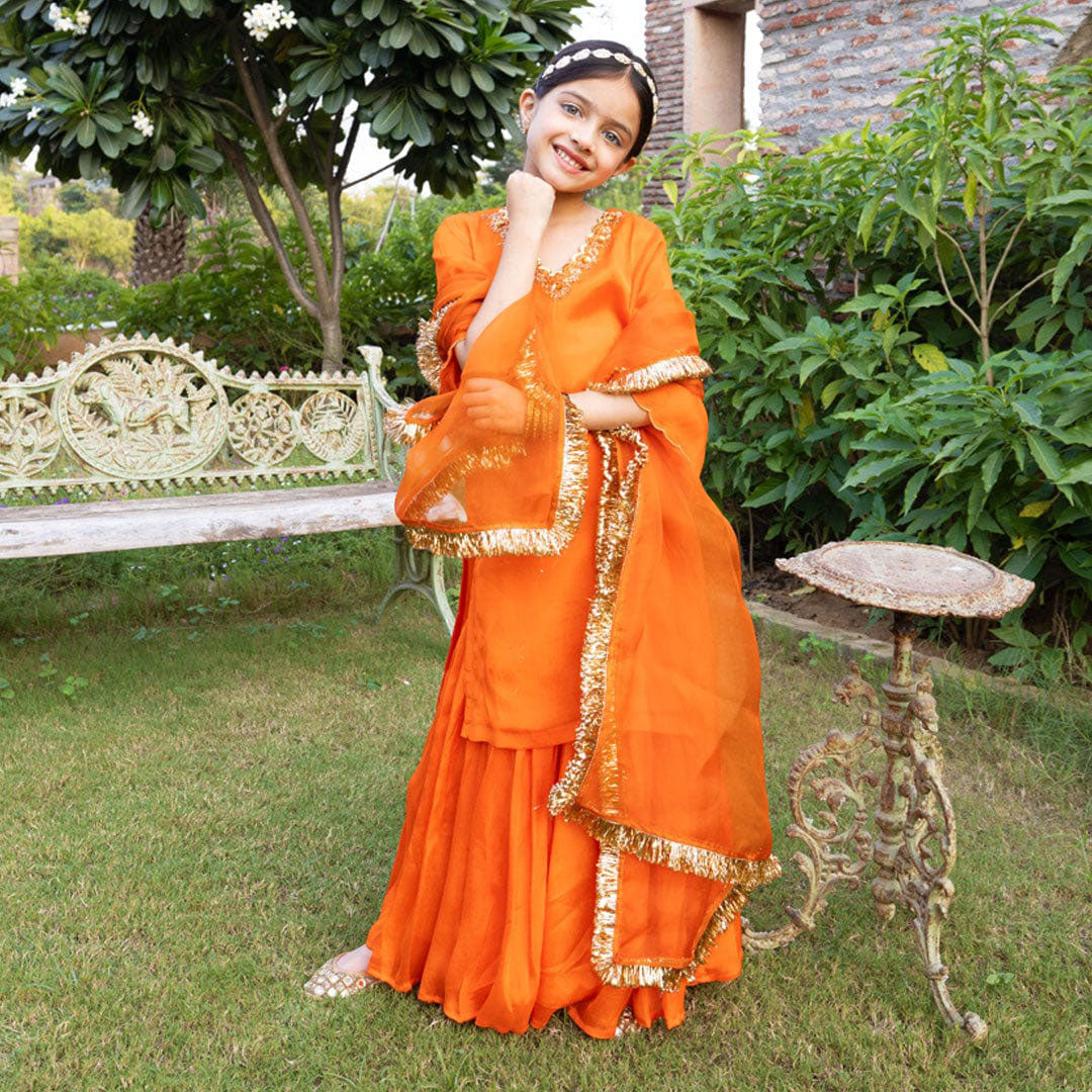 Orange Chanderi sharara side view golden border – luxury ethnic kidswear ages 2-12 for Eid weddings, South Delhi Safdarjung