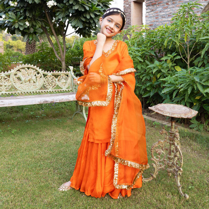 Orange Chanderi sharara side view golden border – luxury ethnic kidswear ages 2-12 for Eid weddings, South Delhi Safdarjung