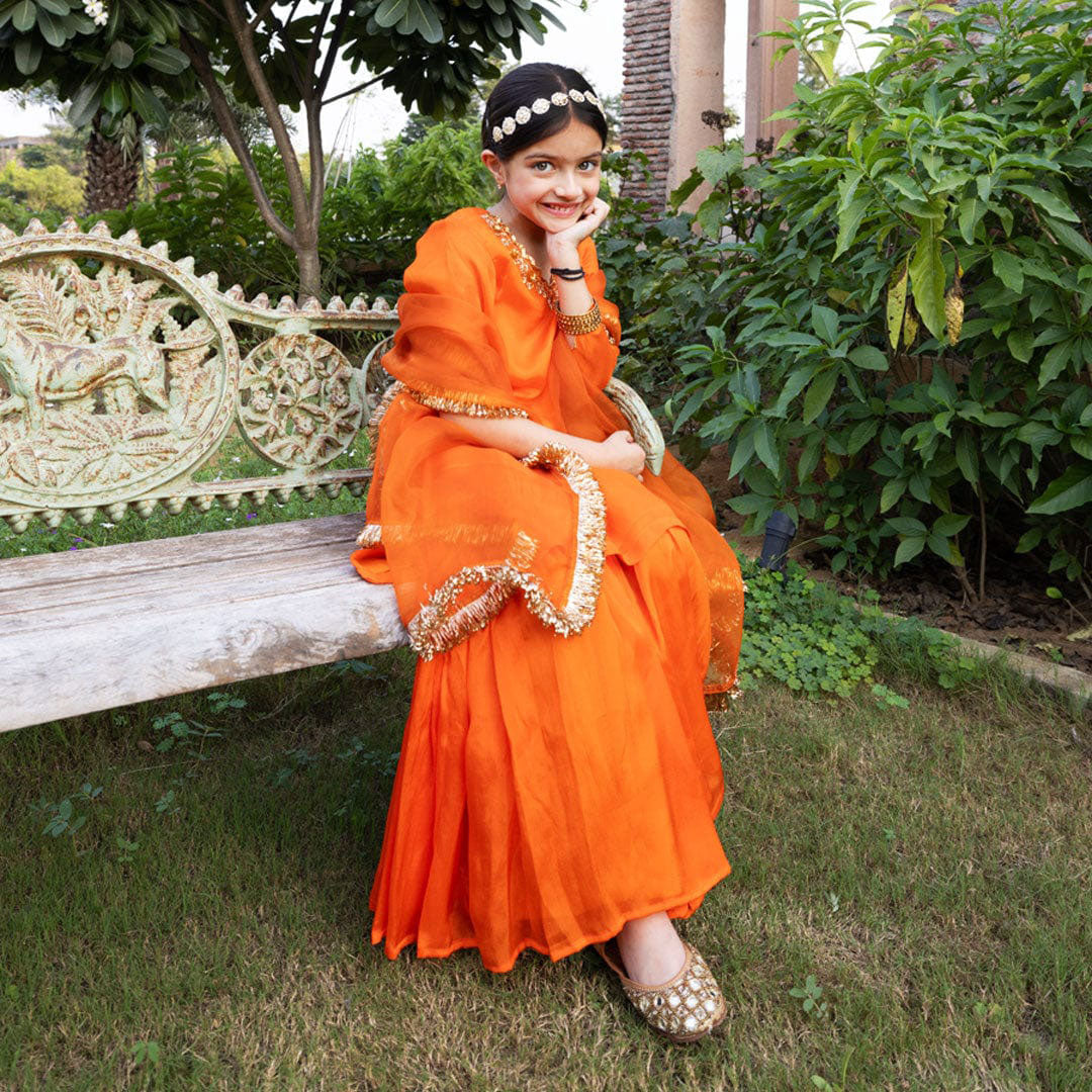 Klistel Marigold sharara three-quarter view – handcrafted kidswear ages 1-14 for Diwali celebrations, Pune Koregaon Park