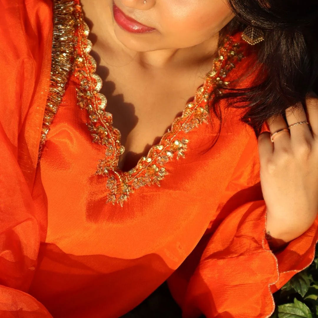 Bright orange Chanderi sharara with dupatta – artisan ethnic kidswear ages 4-14 for sangeet Haldi, Mumbai Pali Hill