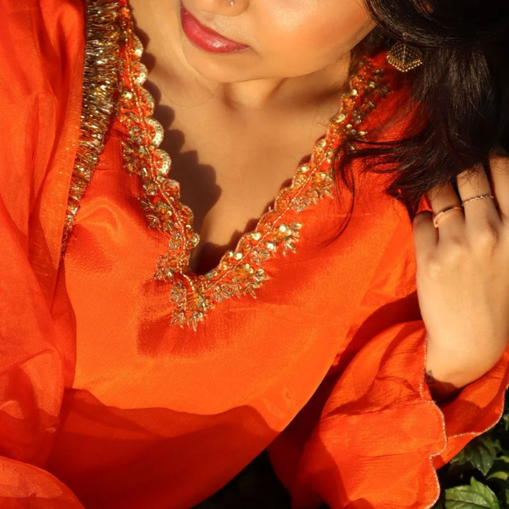 Bright orange Chanderi sharara with dupatta – artisan ethnic kidswear ages 4-14 for sangeet Haldi, Mumbai Pali Hill