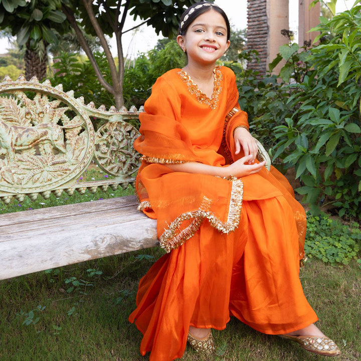 Orange zari border sharara close dupatta detail – luxury kidswear ages 3-14 for Eid receptions, UAE Saudi Arabia