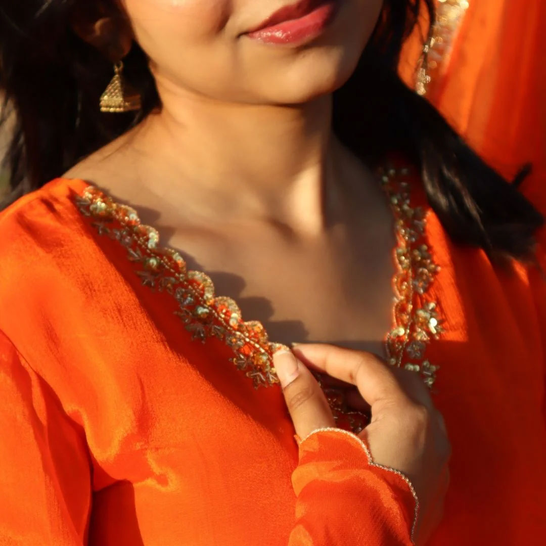 Orange Chanderi sharara teens ages 10-14 – luxury festive ethnic wear for Durga Puja Onam, Dubai Singapore