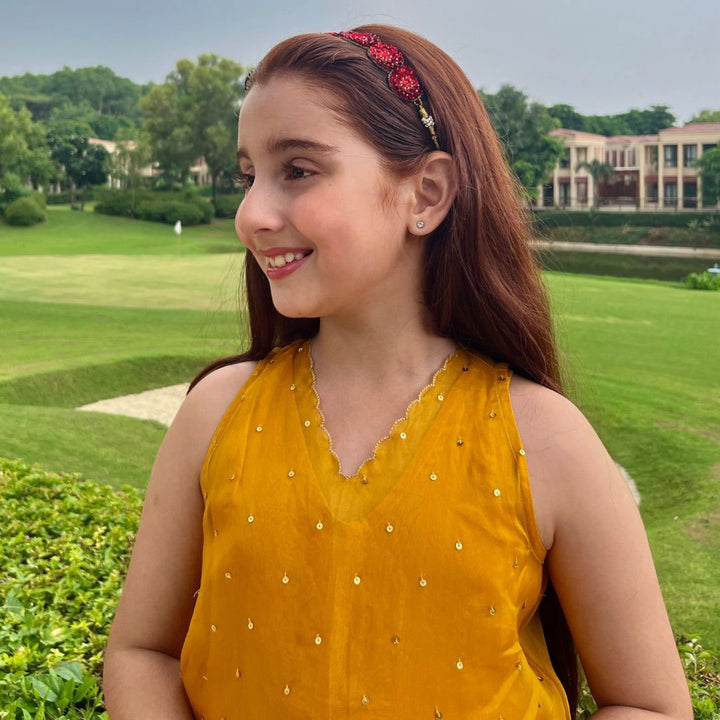 Mustard sharara organza dupatta close-up – handcrafted ethnic kidswear ages 3-14 for Diwali Onam, Pune Koregaon Park