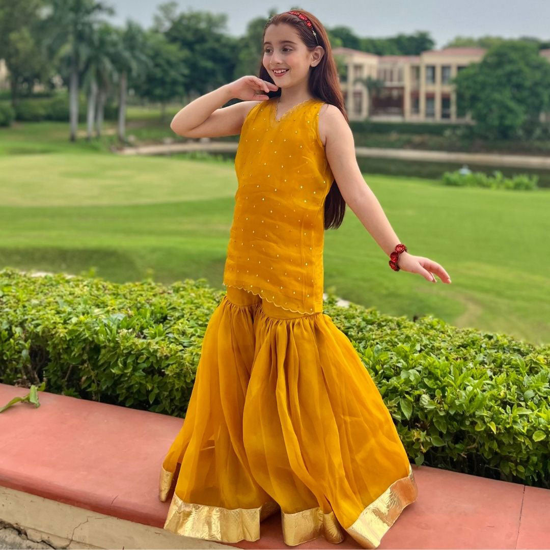 Mustard yellow sharara front full view – luxury ethnic kidswear ages 2-12 for Navratri sangeet, Gurgaon DLF Magnolias